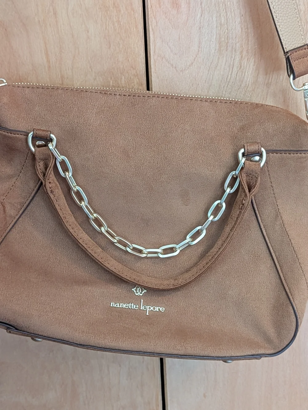 Nanette Lepore Faux Suede Satchel Bag in Camel W/Gold-tone Accent Chain